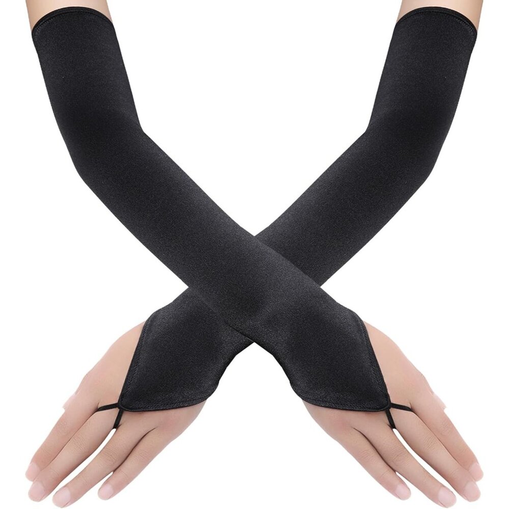 Women's Stretchy Black Finger Loop Long Satin Fabric Gloves Opera Party Prom